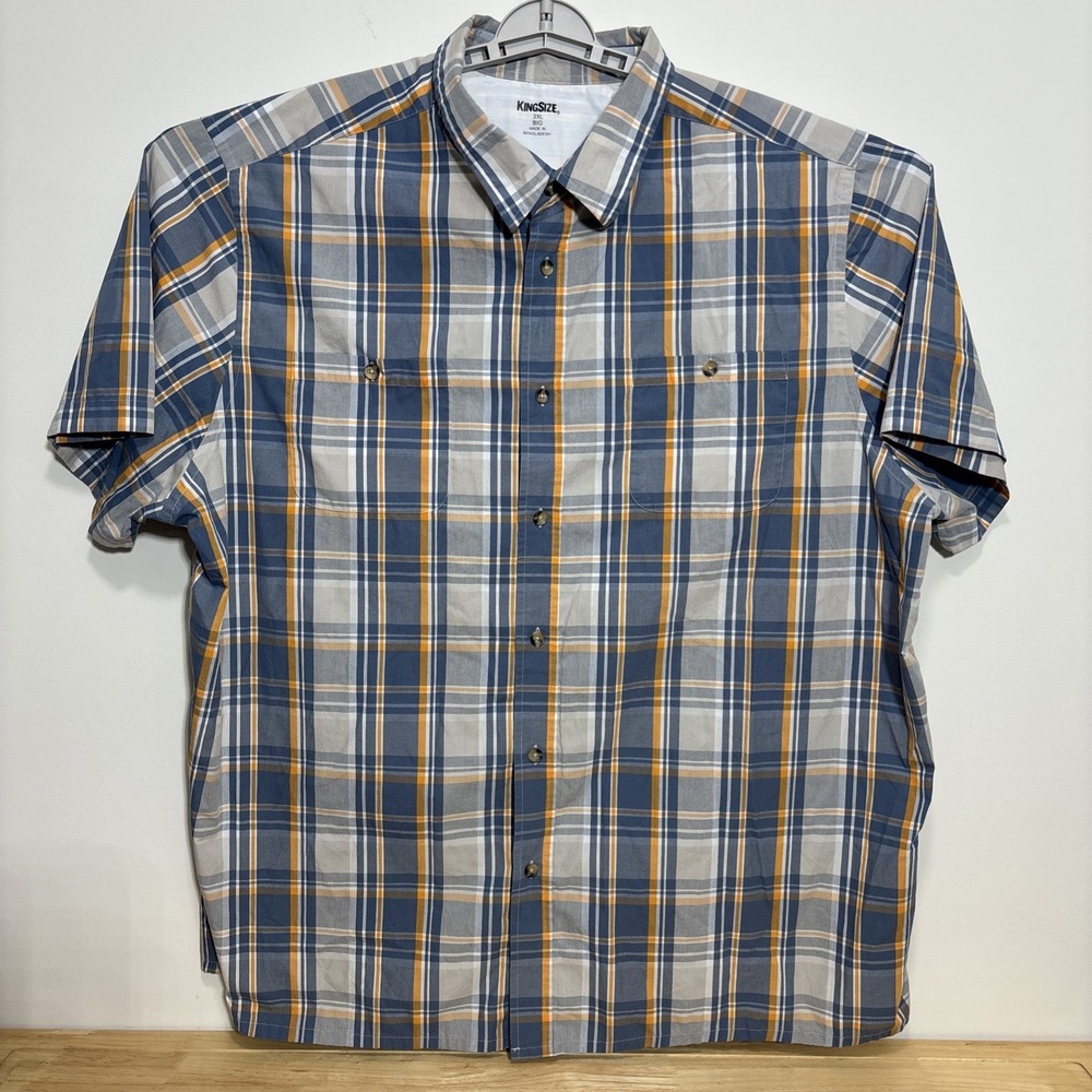 KingSize Men's 3XL Big Short Sleeve Gray Orange Plaid Button Down Shirt Cotton